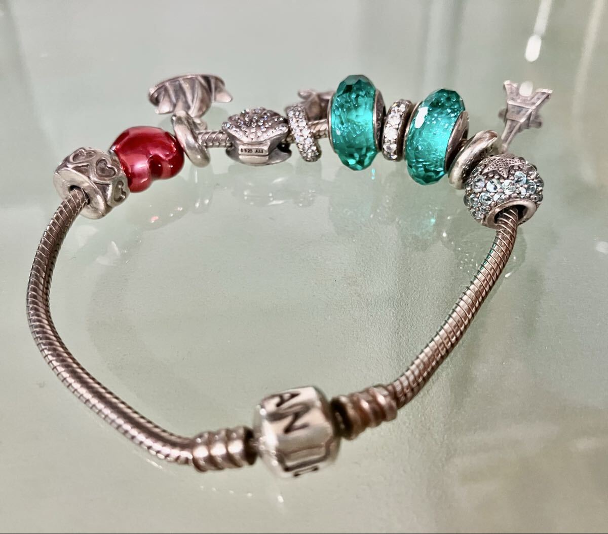 ◆PANDORA パンドラ◆スネークチェーン◆エッフェル塔　ヤシの木　シェル　ハート　チャーム付◆ブレスレット◆SV 925 重量 約46g◆_画像5