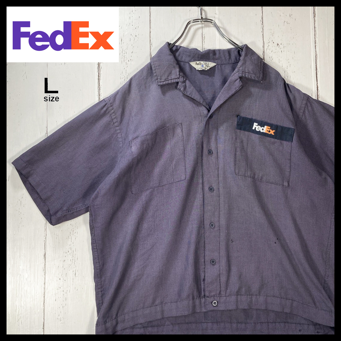 【USED】フェデックス Fedex 企業ロゴ 半袖 ワークシャツ USA アメカジ 古着 ネイビー ( Lサイズ ) ☆送料無料☆_画像1