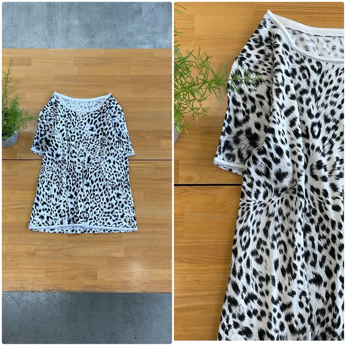 美品 LEONARD レオナール ファープリントレオパードTシャツ モノトーンヒョウ柄ラウンドネック半袖カットソー ホワイト白黒色系 2 q_画像1