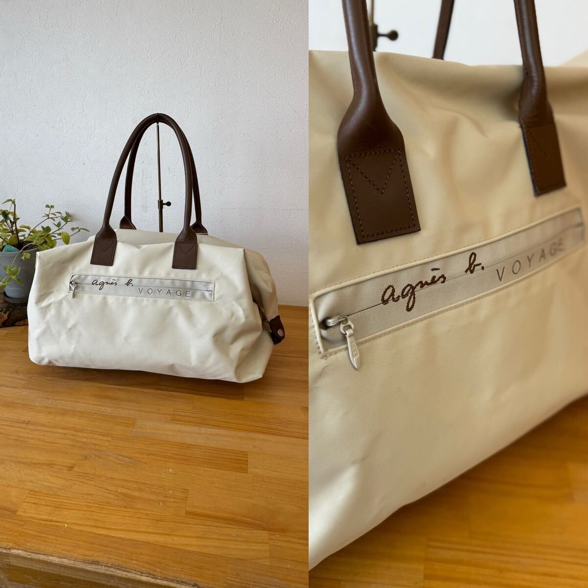 agnes b. アニエスベー VOYAGE 鍵付ボストン2WAYバッグ レザーハンドルロゴ刺繍フロントジップ手持ち鞄 大きめ旅行カバン ホワイト白色系 q