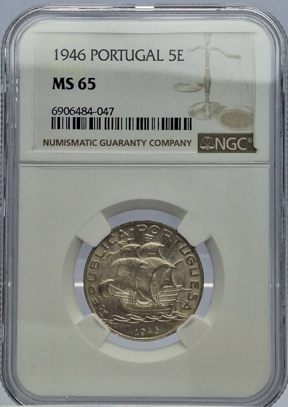 【珍しい 美麗品 希少】1946年 ポルトガル 5エクスード 銀貨 帆船 NGC MS65_画像3