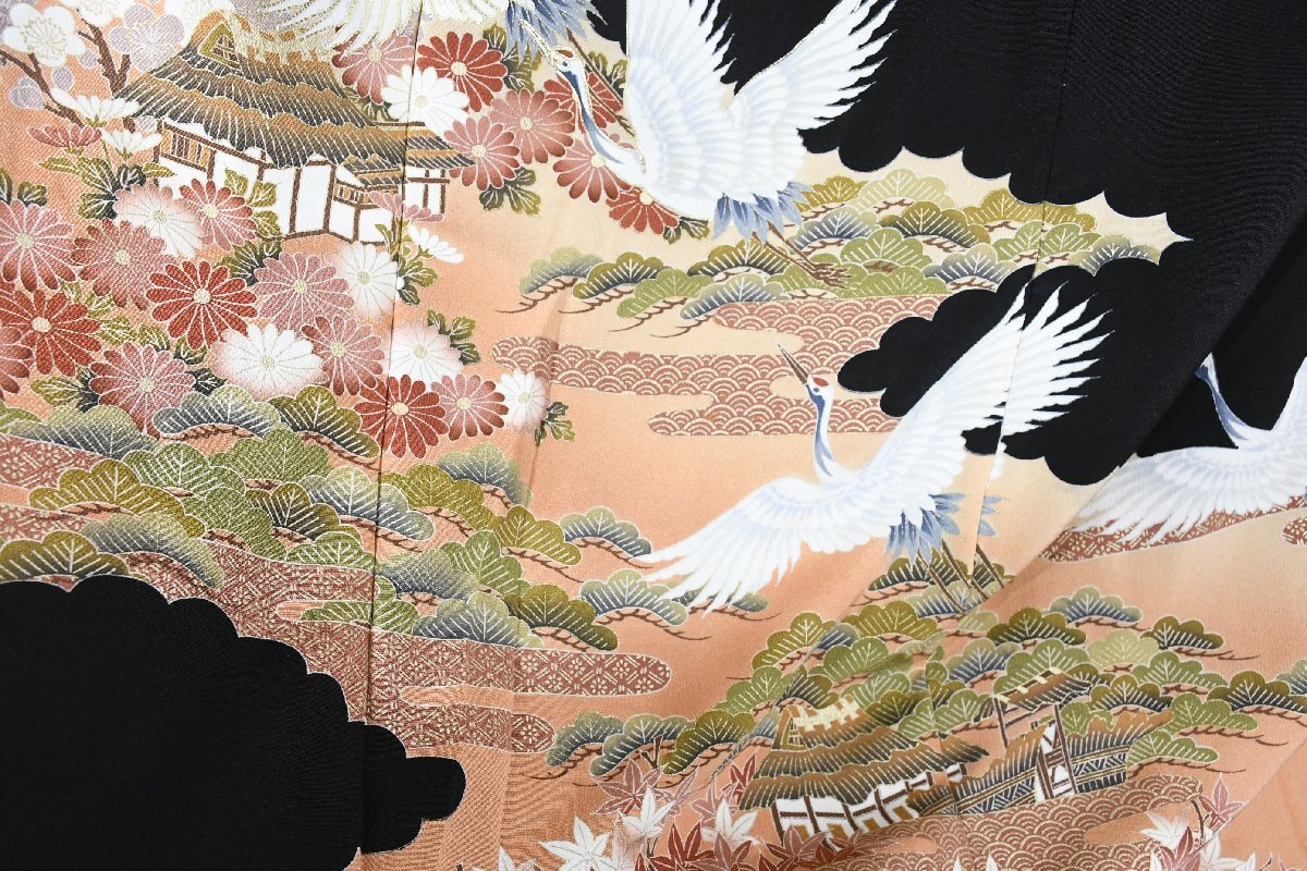 黒留袖 結婚式 舞鶴 枝梅 松 縮緬 身丈154cm 裄丈66cm ★着物 e-1373 桜庭呉服店_画像5