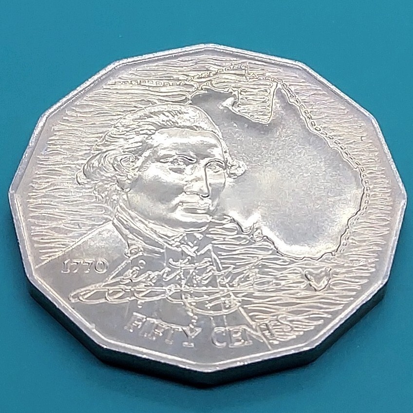 50セント記念硬貨 オーストラリア ジェームズ?クック船長がボタニー灣に到著した1779年4月を記念 ケース入り