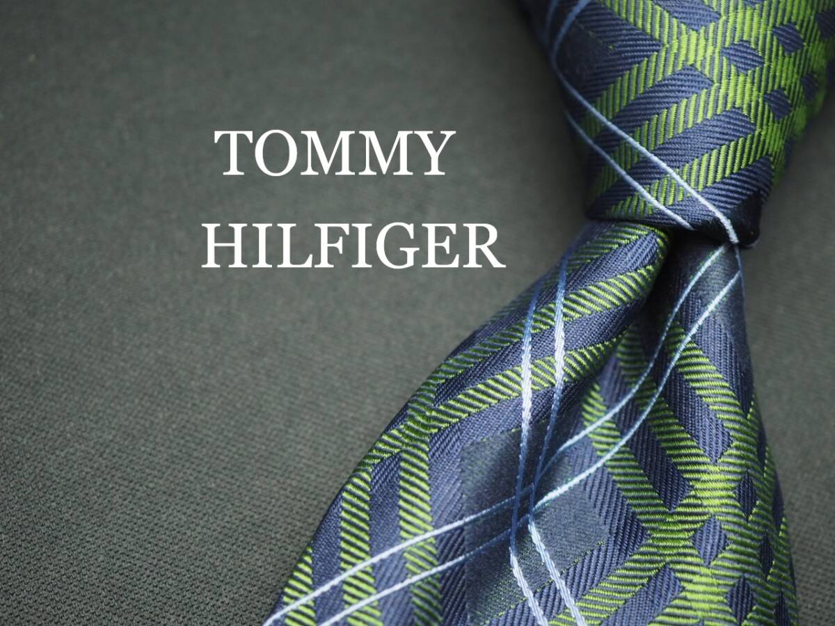 美品【TOMMY HILFIGER トミーヒルフィガー】 F1487 ネイビーグリーン系 チェック SILK ブランド ネクタイ 古着 良品_画像1