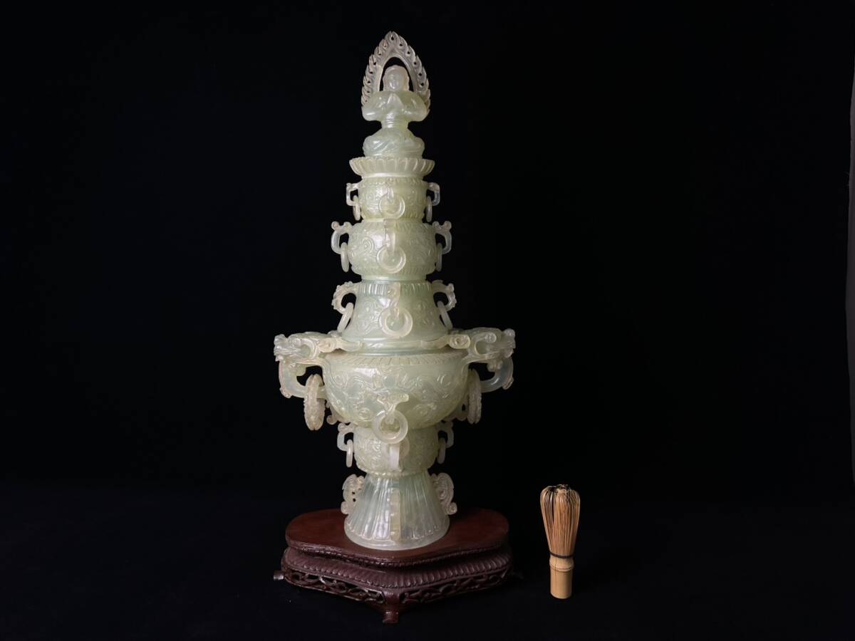極上 中国美術 置物 唐物骨(皇帝皇后) 細密細工 天然素材 骨董コレクション コレクター買取品 中国美術 翡翠 特大香炉 58.5㎝ 玉 天然石 唐