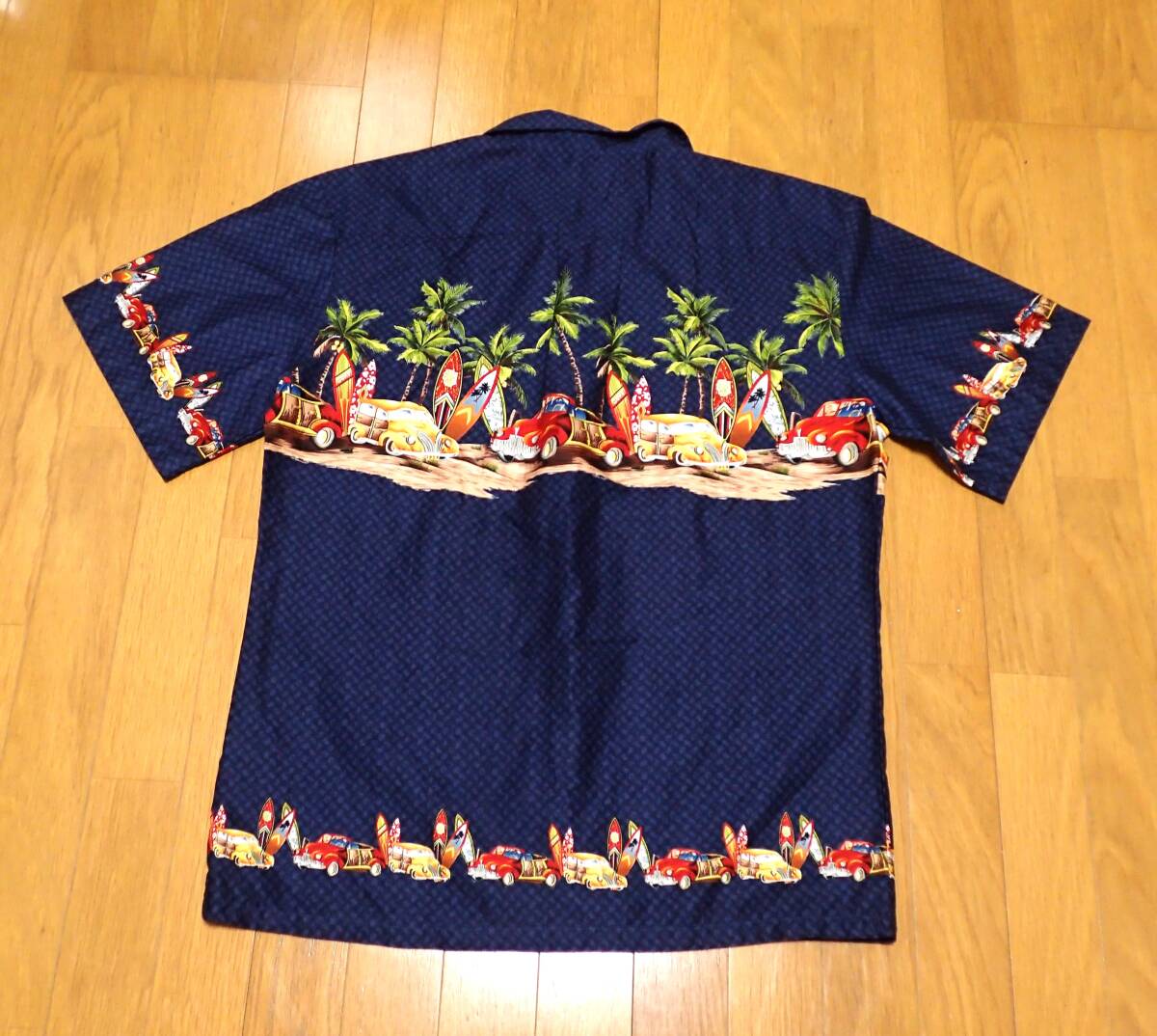 ☆Palmwave HAWAII　☆ヴィンテージデザイン　☆クラシックカー　☆アロハシャツ　☆ココナッツボタン　☆ネイビー　☆メンズ　☆L　 