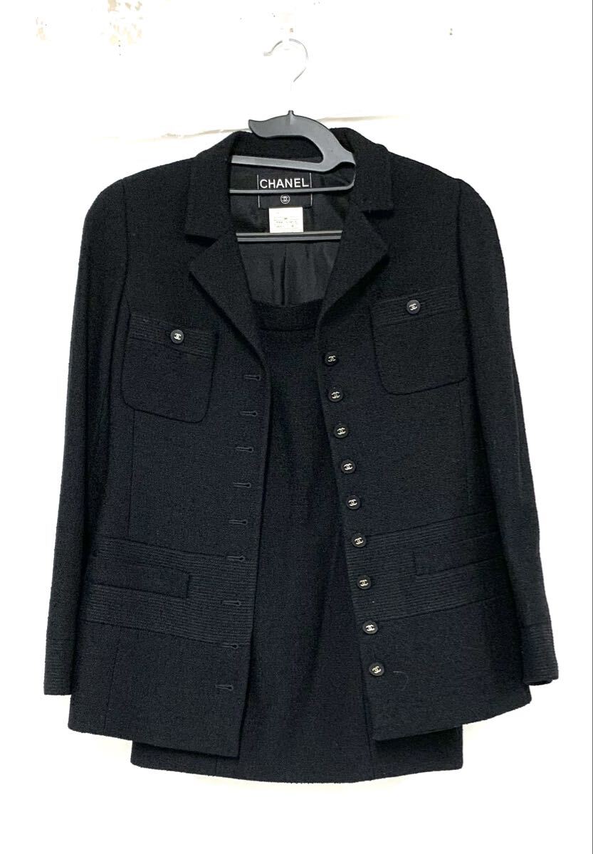 美品 Vintage シャネル CHANEL ジャケット 93A ウール ツイード ココマークボタン アウター レディース 40 ブラック cg08on-rm05e25357 美品 ヴィンテージ CHANEL シャネル セットアップ 古着 ジャケット