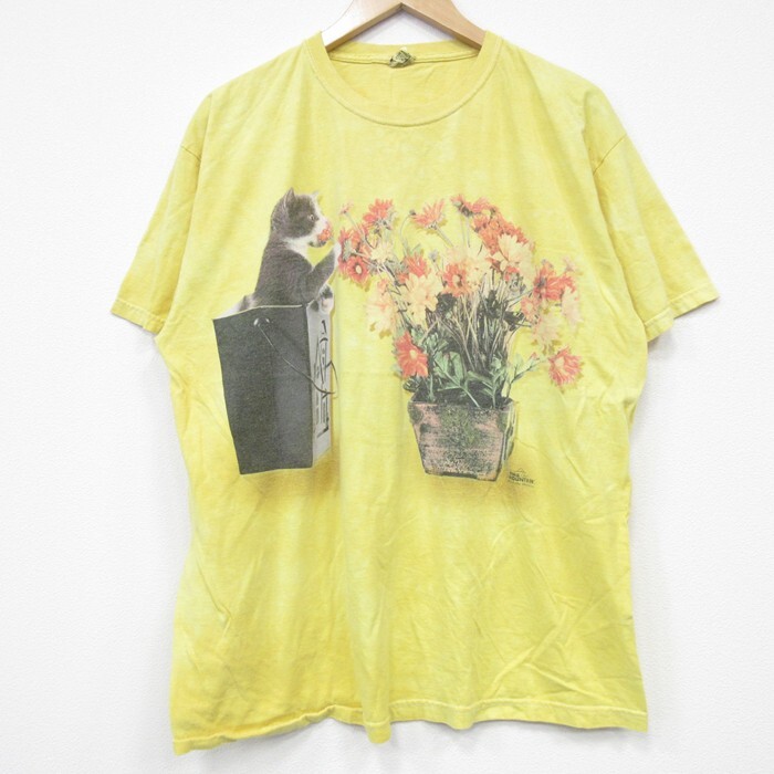 XL/古着 ジャージーズ 半袖 Tシャツ メンズ THE MOUNTAIN ネコ コットン クルーネック 黄他 イエロー タイダイ 25jul25 中古_画像1