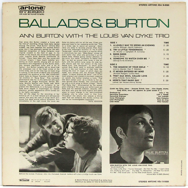 蘭LP☆ ANN BURTON WITH THE LOUIS VAN DYKE TRIO Ballads & Burton（Holland Artone XDJ S-5020）アン・バートン【Kees de Jong】_画像3