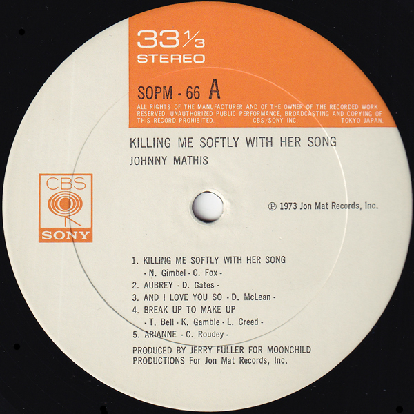 帯付LP☆ ジョニー・マティス やさしく歌って（CBSソニー SOPM 66）JOHNNY MATHIS Killing Me Softly With Her Song【Beverly Parker】_画像4