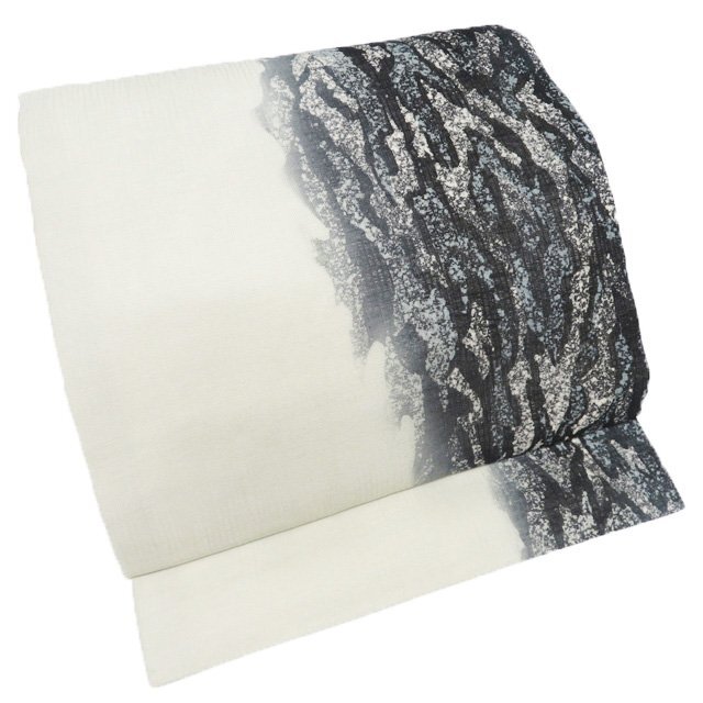 夏物 夏帯 名古屋帯 なごや帯 中古 リサイクル 正絹 カジュアル 仕立て上がり 作家物 落款 灰黄緑色 黒色 きもの北條 A1259-10_画像1