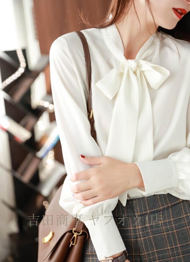 ☆新品 ボウタイブラウス 長袖 ブラウス 光沢感 シャツブラウス レディース 高級感 サテン シャツ オフィス 通勤 OL きれいめ 大人/杏_画像9