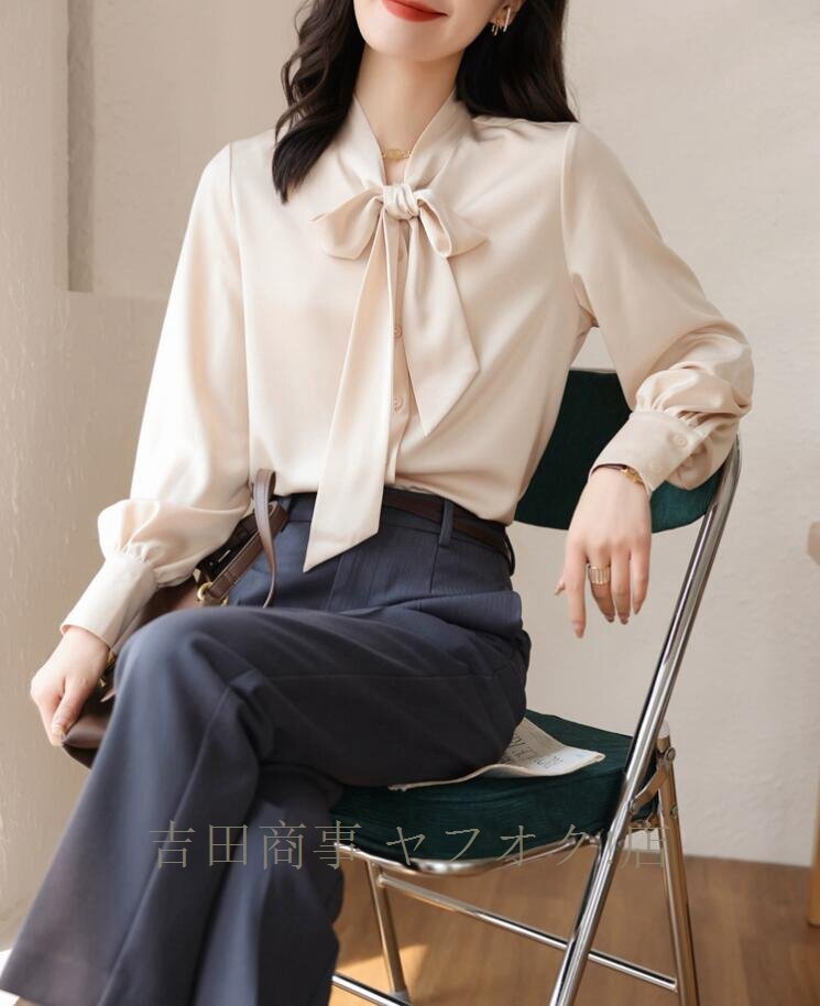 ☆新品 ボウタイブラウス 長袖 ブラウス 光沢感 シャツブラウス レディース 高級感 サテン シャツ オフィス 通勤 OL きれいめ 大人/杏_画像8