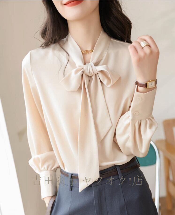 ☆新品 ボウタイブラウス 長袖 ブラウス 光沢感 シャツブラウス レディース 高級感 サテン シャツ オフィス 通勤 OL きれいめ 大人/杏_画像1