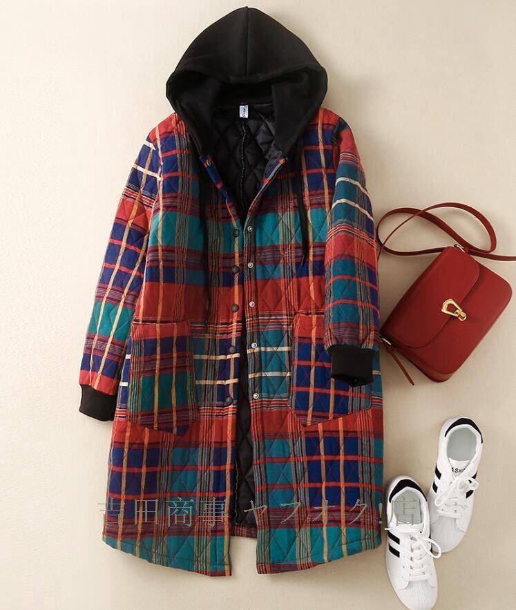 ☆新品 カジュアル 中綿コート キルティングコート チェック柄 コート レディース フード付き ロングコート アウター 軽量 あったか/_画像1