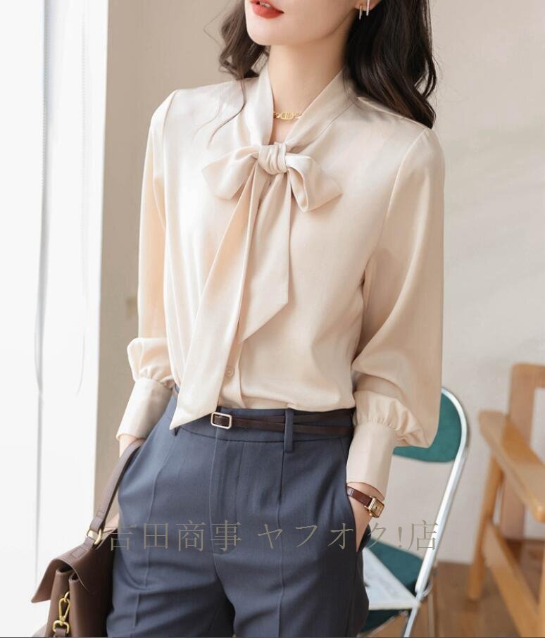 ☆新品 ボウタイブラウス 長袖 ブラウス 光沢感 シャツブラウス レディース 高級感 サテン シャツ オフィス 通勤 OL きれいめ 大人/杏_画像4