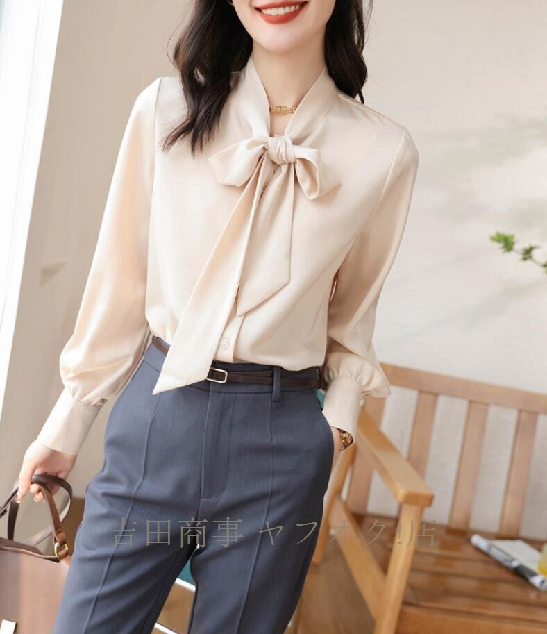 ☆新品 ボウタイブラウス 長袖 ブラウス 光沢感 シャツブラウス レディース 高級感 サテン シャツ オフィス 通勤 OL きれいめ 大人/杏_画像6