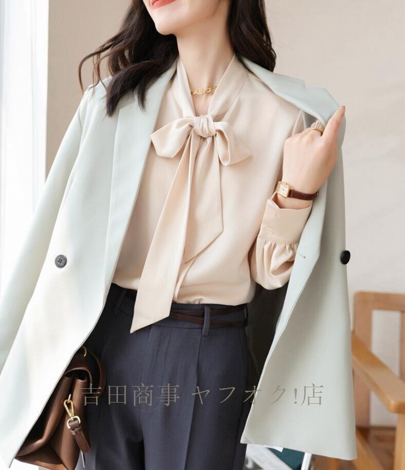 ☆新品 ボウタイブラウス 長袖 ブラウス 光沢感 シャツブラウス レディース 高級感 サテン シャツ オフィス 通勤 OL きれいめ 大人/杏_画像5