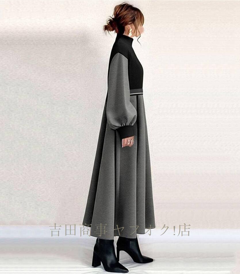 ☆新品 ワンピース レディース ニットワンピース ロング丈 配色 切り替え 着痩せ ふんわり袖 異素材 通勤 体型カバー 長袖 ミモレ丈_画像3