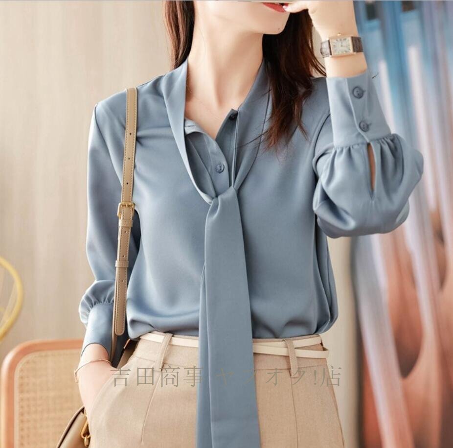 ☆新品 ボウタイブラウス 長袖 ブラウス 光沢感 シャツブラウス レディース 高級感 サテン シャツ オフィス 通勤 OL きれいめ 大人/杏_画像10