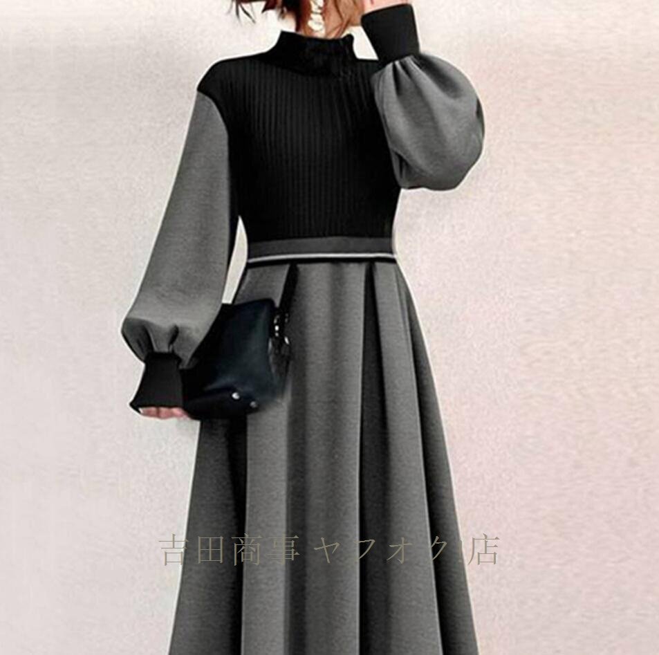 ☆新品 ワンピース レディース ニットワンピース ロング丈 配色 切り替え 着痩せ ふんわり袖 異素材 通勤 体型カバー 長袖 ミモレ丈_画像4