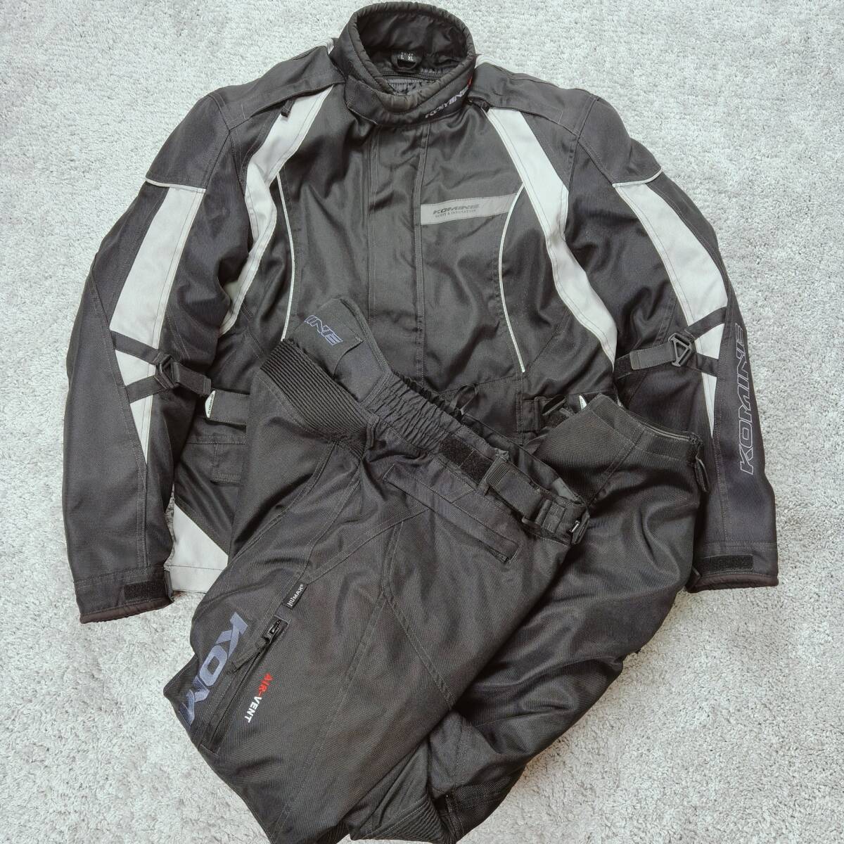 KOMINE コミネ バイク用 ナイロン セットアップ 上下セット プロテクター ライナー付き XLサイズ ブラック グレー