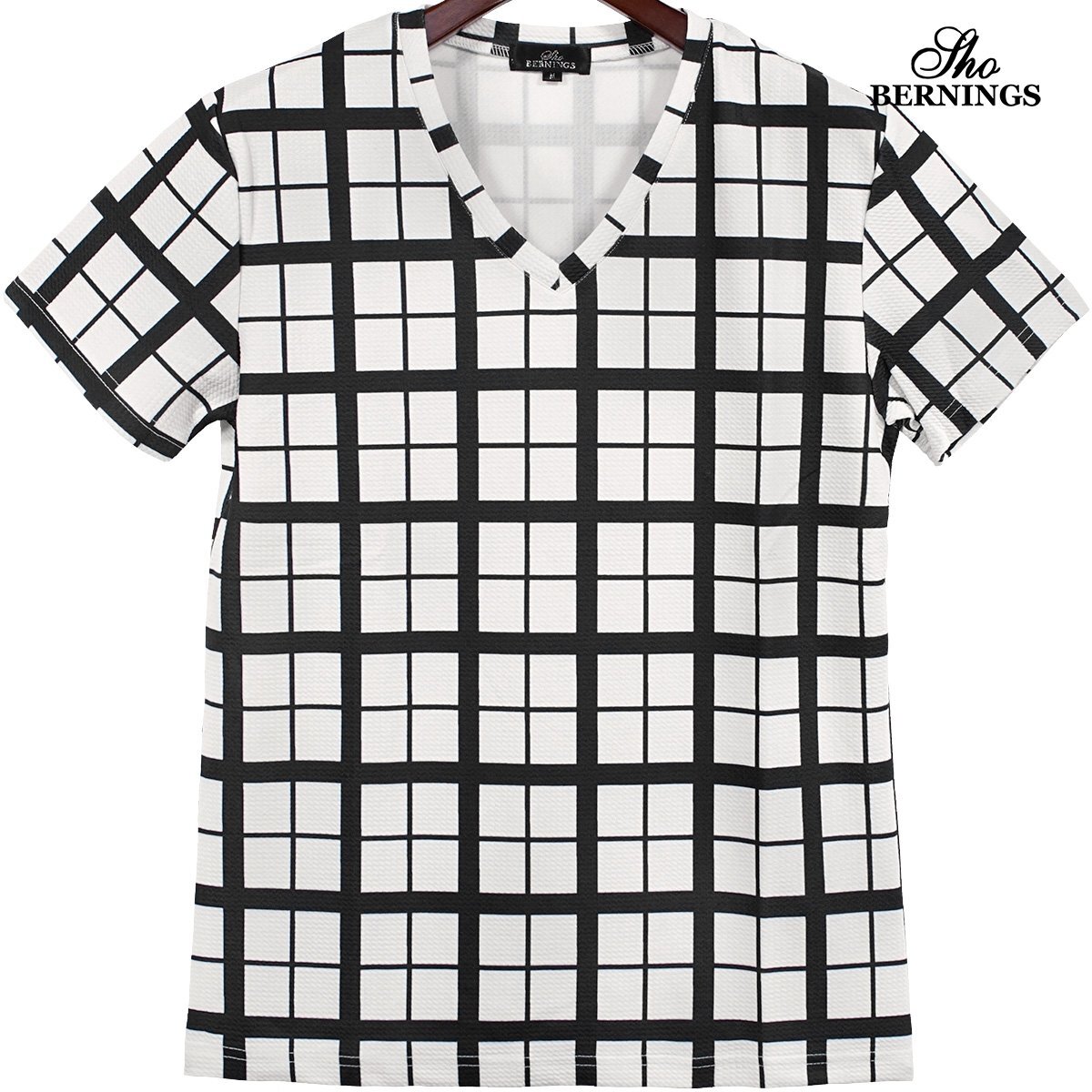344342-90 Bernings sho Tシャツ 半袖 Vネック チェック柄 総柄 mens メンズ(ホワイト白ブラック黒) L カジュアル きれいめ スマート_画像5