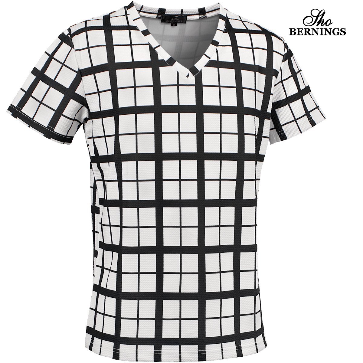 344342-90 Bernings sho Tシャツ 半袖 Vネック チェック柄 総柄 mens メンズ(ホワイト白ブラック黒) L カジュアル きれいめ スマート_画像1