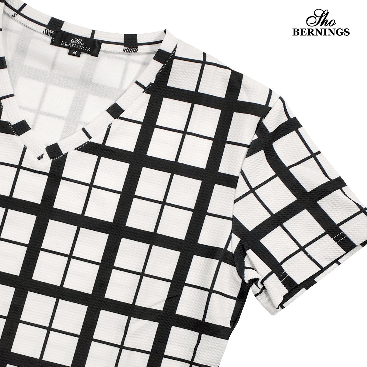 344342-90 Bernings sho Tシャツ 半袖 Vネック チェック柄 総柄 mens メンズ(ホワイト白ブラック黒) L カジュアル きれいめ スマート_画像3
