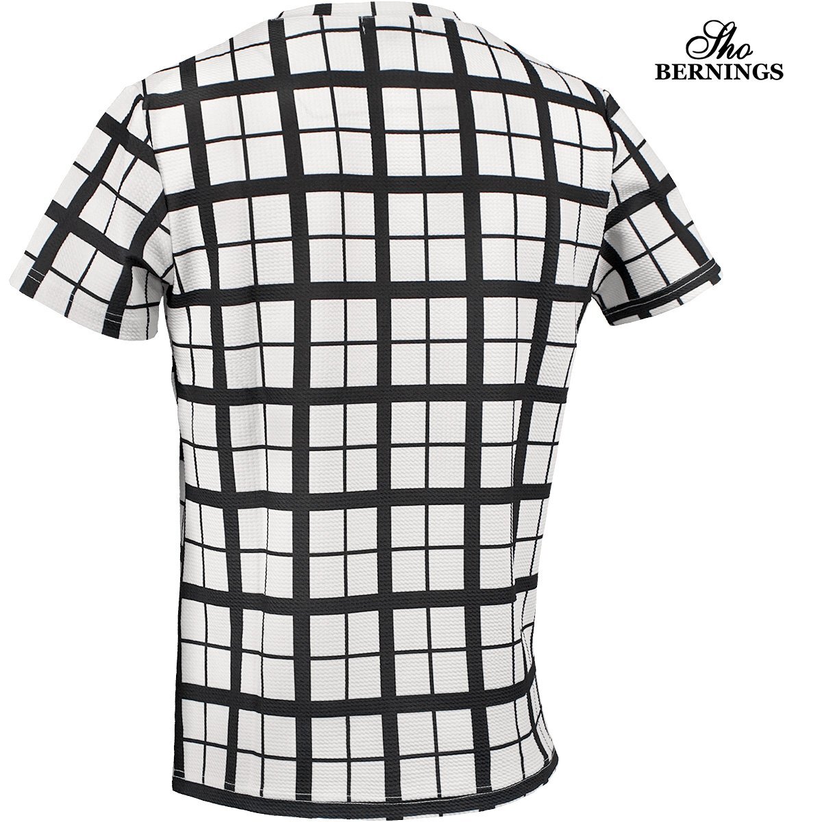 344342-90 Bernings sho Tシャツ 半袖 Vネック チェック柄 総柄 mens メンズ(ホワイト白ブラック黒) L カジュアル きれいめ スマート_画像2