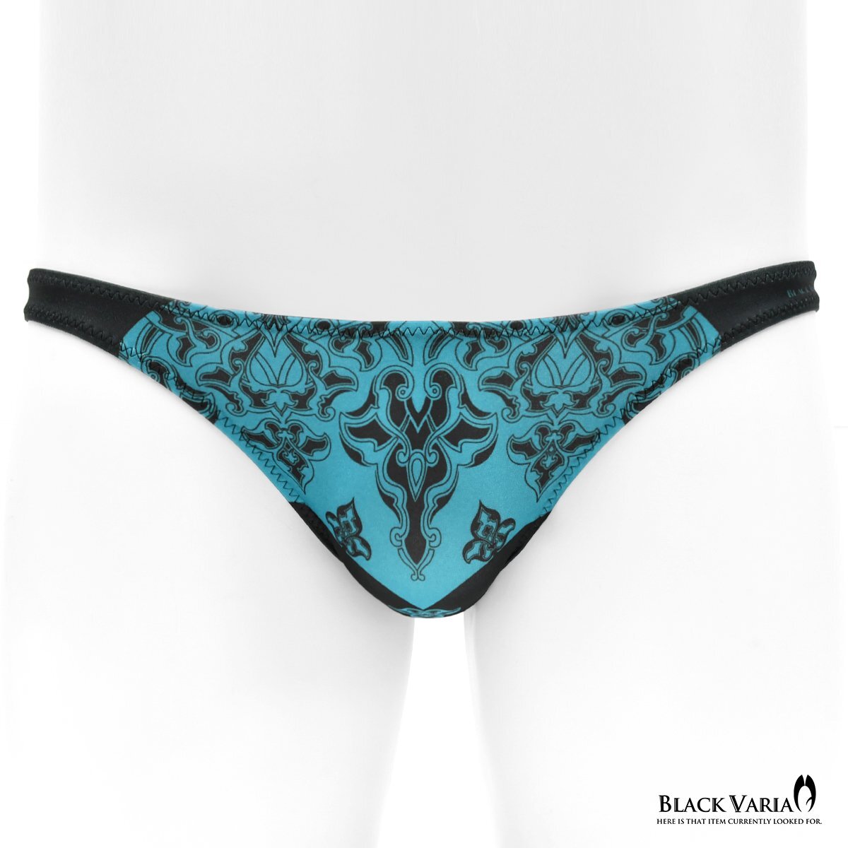 tc008-sax BLACK VARIA ハーフバック アラベスク柄 ダマスク柄 下着 ビキニ パンツ メンズ(サックスブルー青) M 股下縫い目なし 高機能性_画像1