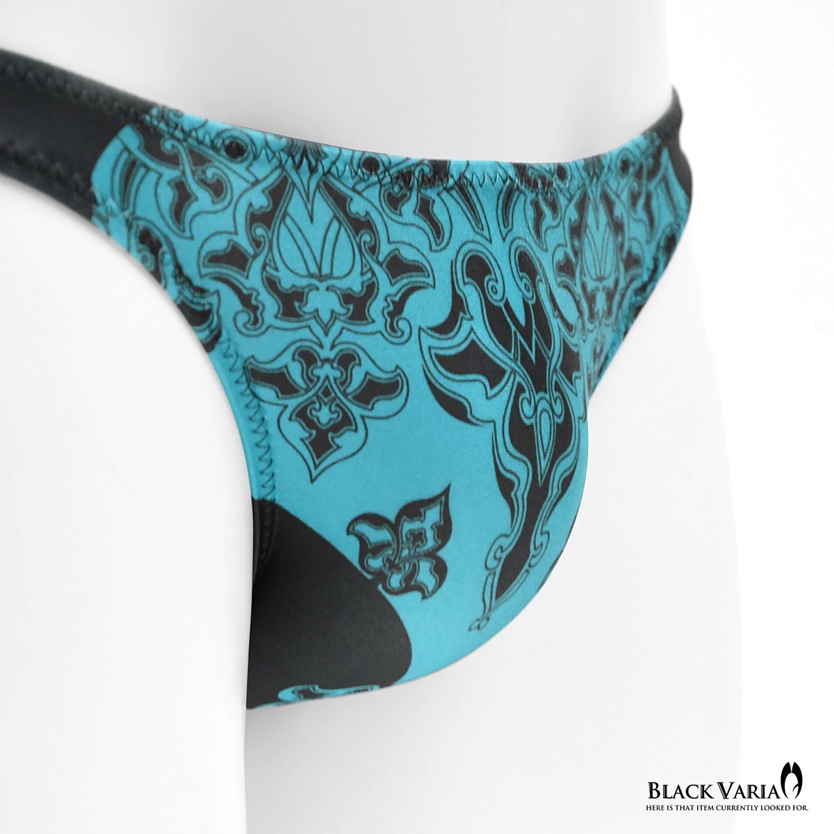tc008-sax BLACK VARIA ハーフバック アラベスク柄 ダマスク柄 下着 ビキニ パンツ メンズ(サックスブルー青) M 股下縫い目なし 高機能性_画像7
