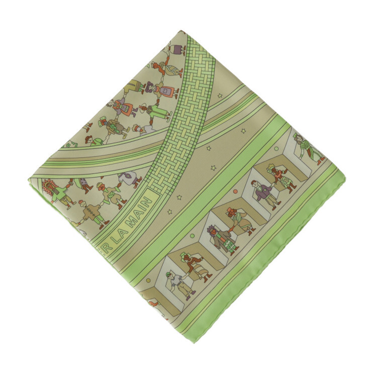 超美品 HERMES エルメス DONNER LA MAIN 手を差しのべる カレ90 - スカーフ シルク グリー【本物保証】_画像1