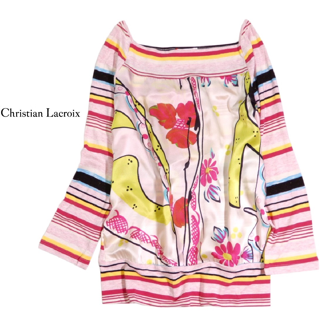 未使用 Christian Lacroix クリスチャンラクロワ シルク ジャージー 異素材切り替え フラワープリント プルオーバーカットソー S_画像1