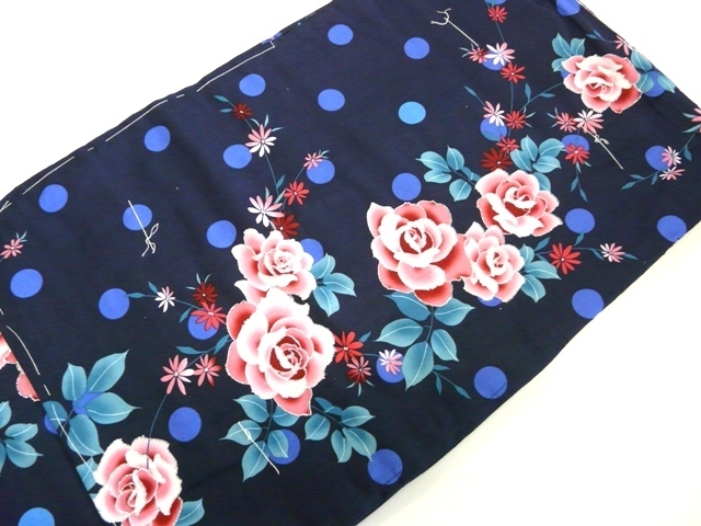 女性用 浴衣 単品 紺地 水玉 薔薇 トールサイズ 502