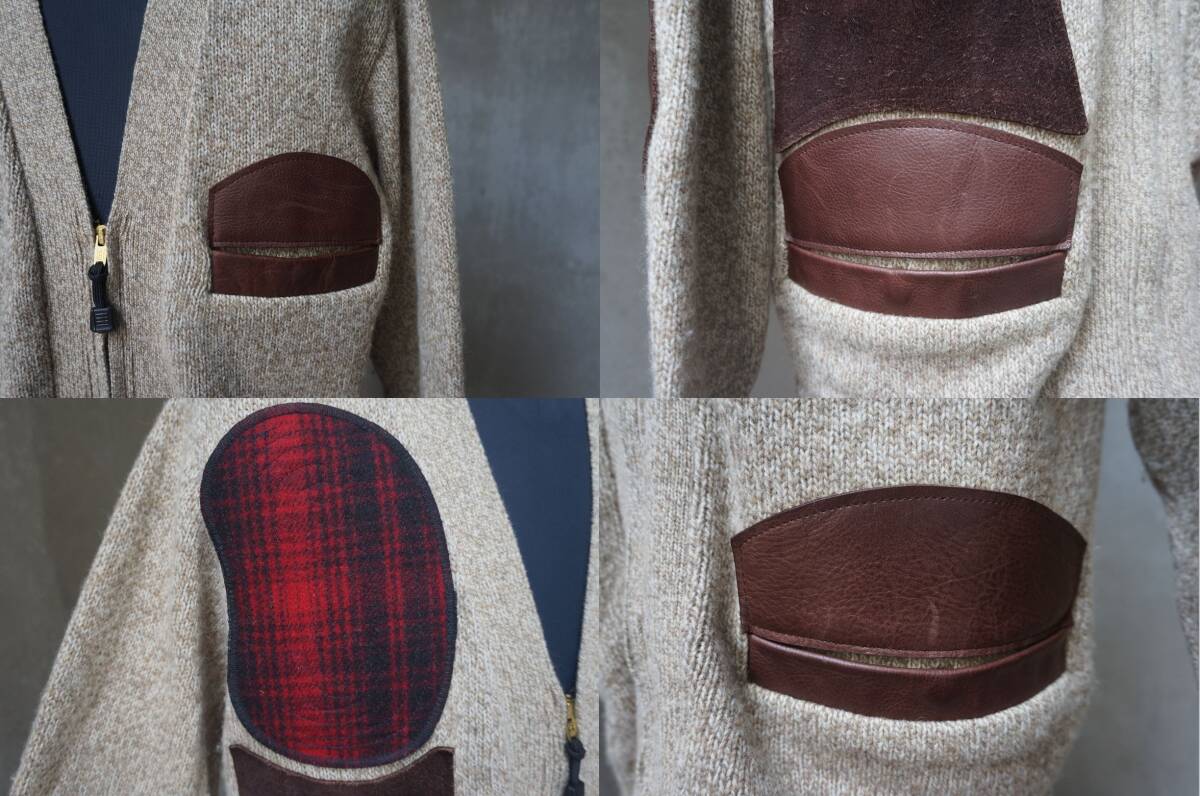 90s USA製 ベミジ BEMIDJI WOOLEN MILLS ベージュ ウールニット & 茶革 ブラウンレザー ハンティング ジップ カーディガン 表記S M相当_画像7