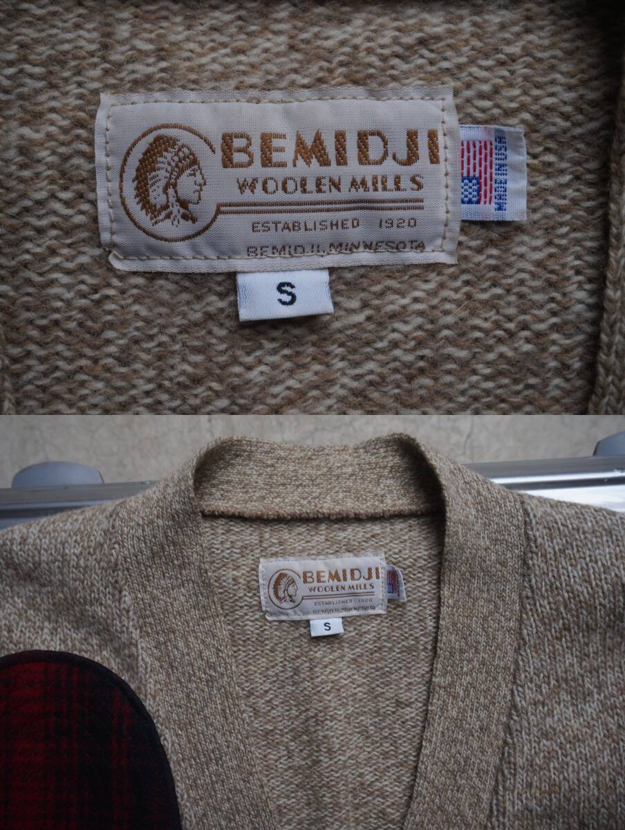 90s USA製 ベミジ BEMIDJI WOOLEN MILLS ベージュ ウールニット & 茶革 ブラウンレザー ハンティング ジップ カーディガン 表記S M相当_画像9