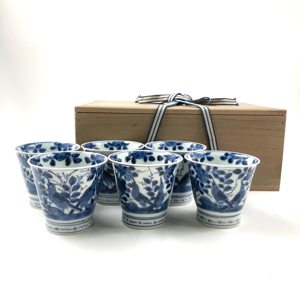 時代物 古伊万里 冨貴長春 染付蕎麦猪口 六客 合箱 和食器 共箱 陶磁器 4047983