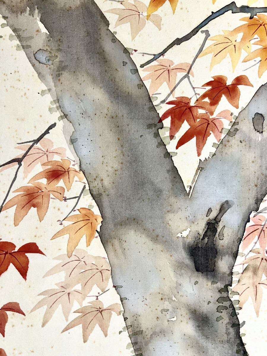 真作】【S8】川島草堂「紅葉懸巣之図」絹本 肉筆 秋景 花鳥図