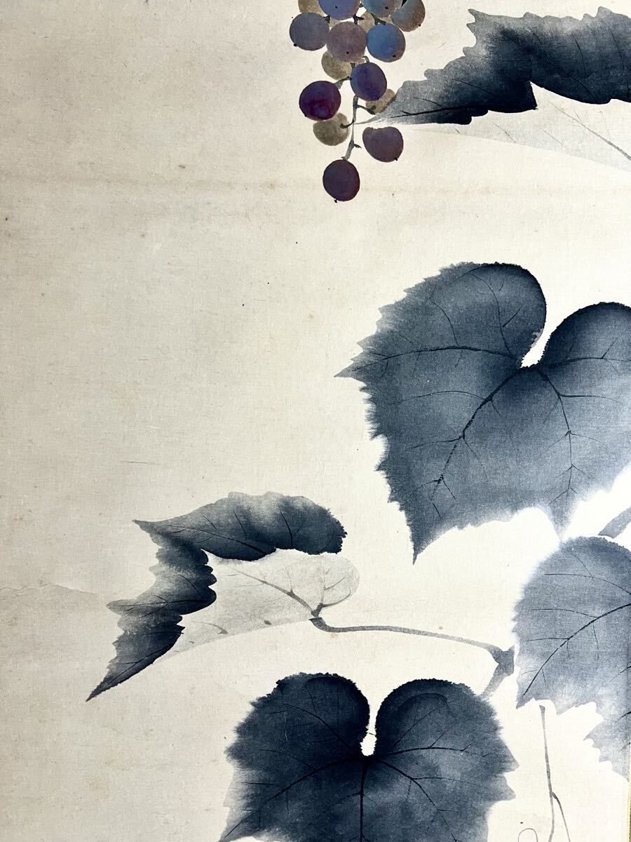 真作】【S8】永田春水「葡萄雀図」紙本 肉筆 合箱 秋景 花鳥図