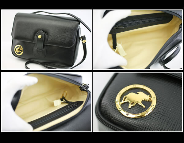 イコー質(zhì)店　ハンティングワールド　★希少モデル　美品　クロスボディショルダーバッグ　ブラックレザー　ゴールド金具　RY7461