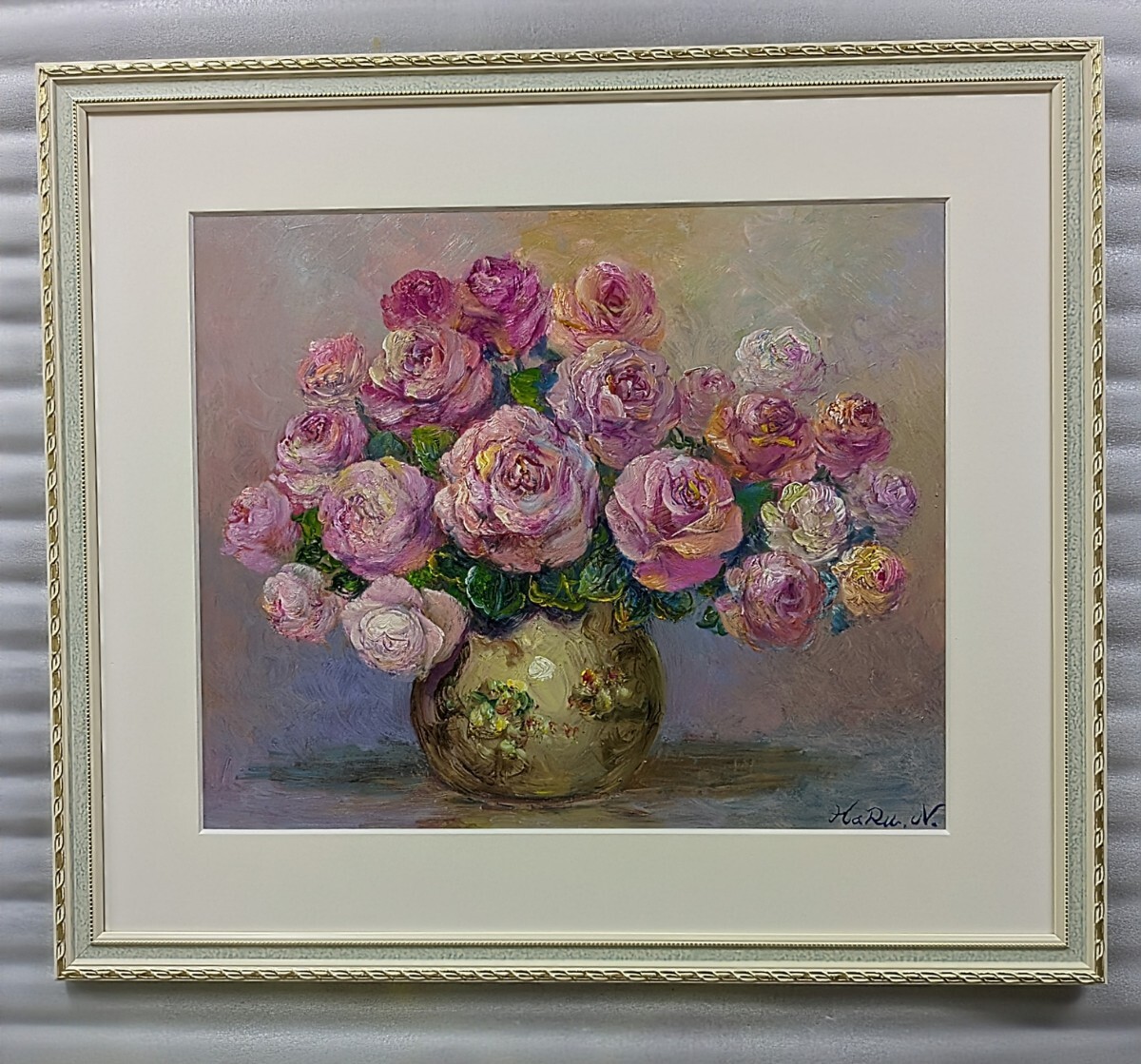 現役油彩画家haru＊本人の出品＊F８号＊薔薇＊真作、原画、一点物、静物画 画家haru☆油彩画☆薔薇☆サ厶ホ―ル☆真作、原画、一点物
