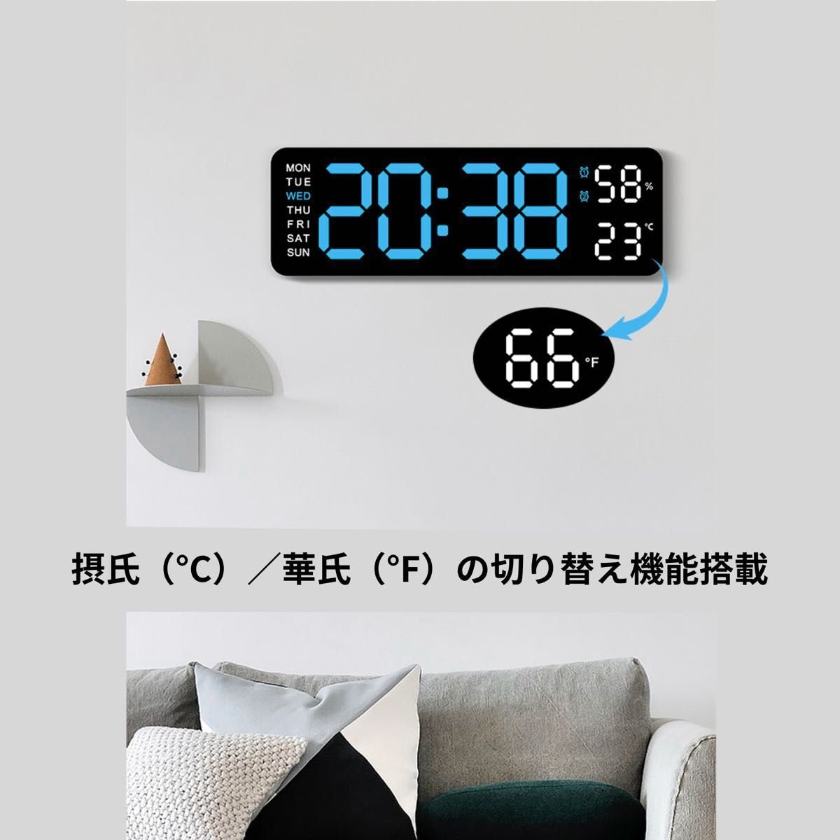 多機能 デジタル時計 ブルー LED 置き時計 掛け時計 目覚まし 日付 温度_画像7