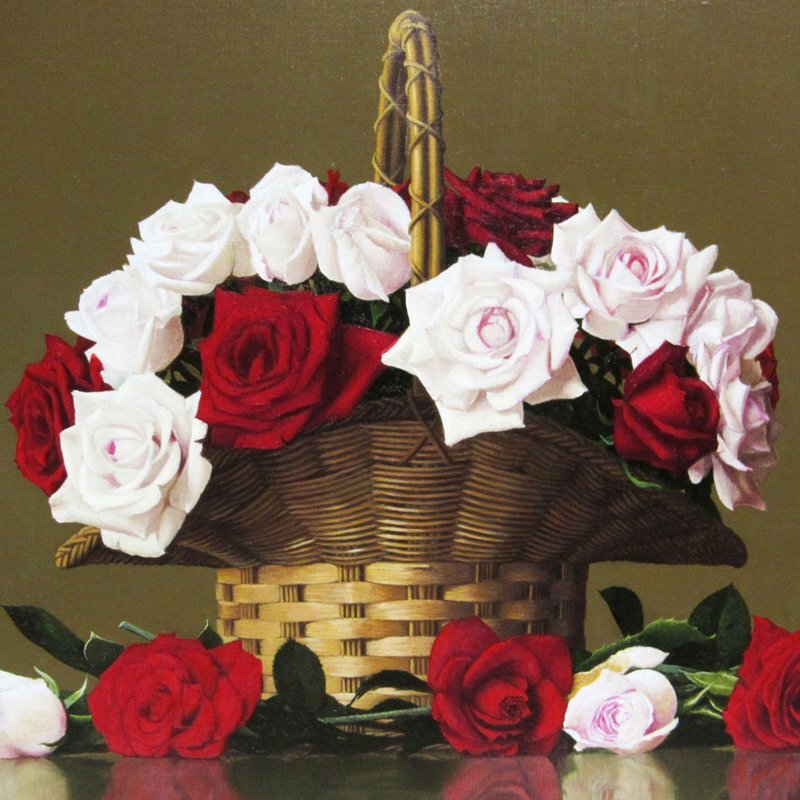 松井敏郎【赤い薔薇と果実】希少画集画、状態良好、新品高級額装付 GINZA絵画館】松井敏郎 油絵10号「籠の薔薇」ばら・バラ