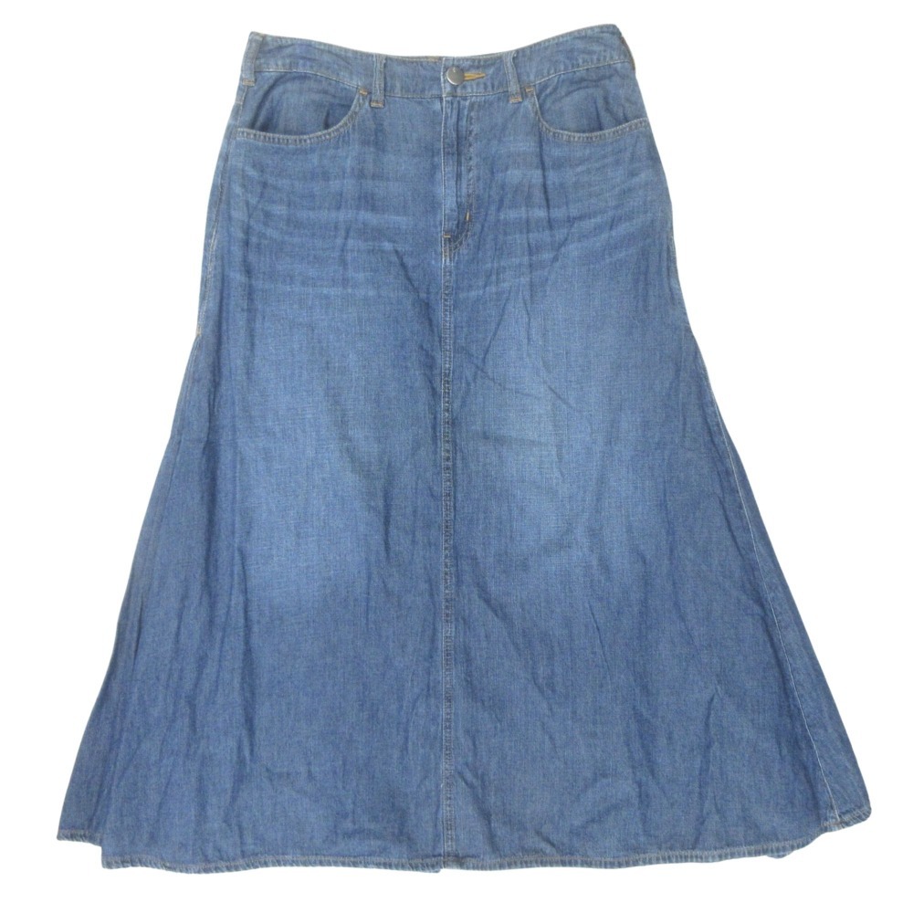 美品 KUMIKYOKU クミキョク 組曲 デニム フレア プリーツ タック ロング スカート 203-5SK.WL 大きいサイズ 6 青 インディゴブルー