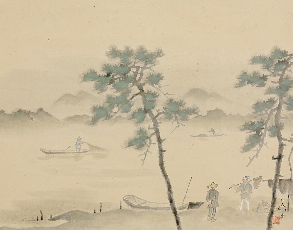 酒井三良子 清江漁舟 風景画 掛軸 木箱付き 真作】【WISH】酒井三良「水郷漁舟」日本画 掛軸 共箱 二重箱