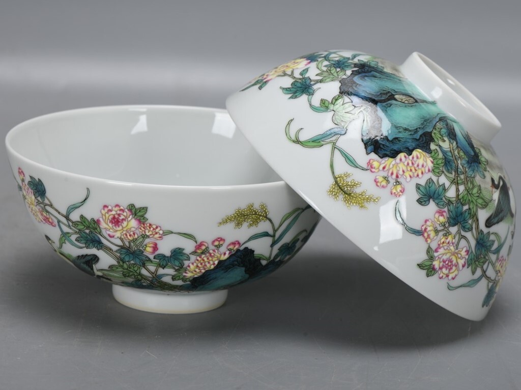 YH112■大清雍正年製款 琺瑯彩 花卉鳥紋碗2客【共箱】珍品 時代物 古玩 唐物 古陶磁器■_画像1