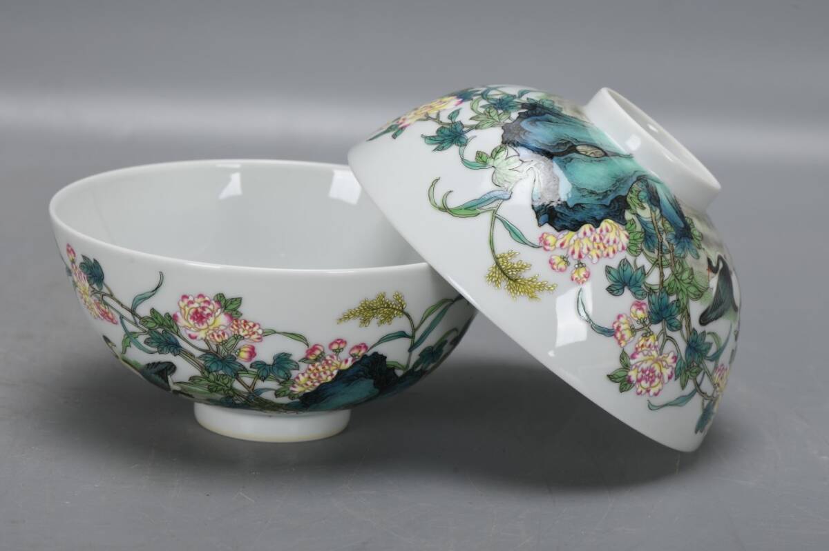 YH112■大清雍正年製款 琺瑯彩 花卉鳥紋碗2客【共箱】珍品 時代物 古玩 唐物 古陶磁器■_画像5