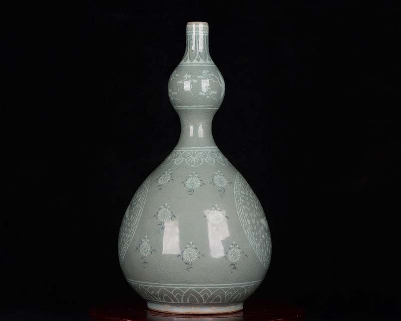 ■TC13■高麗青磁 刻花 団鶴紋 瓢簞瓶 回流品火漆印 時代物 古玩 唐物 古陶磁器■