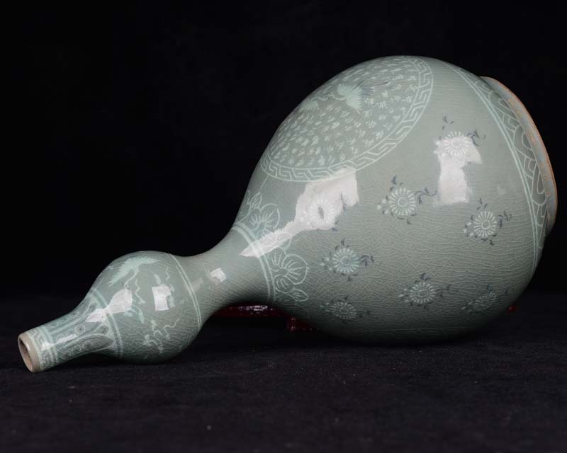 ■TC13■高麗青磁 刻花 団鶴紋 瓢簞瓶 回流品火漆印 時代物 古玩 唐物 古陶磁器■